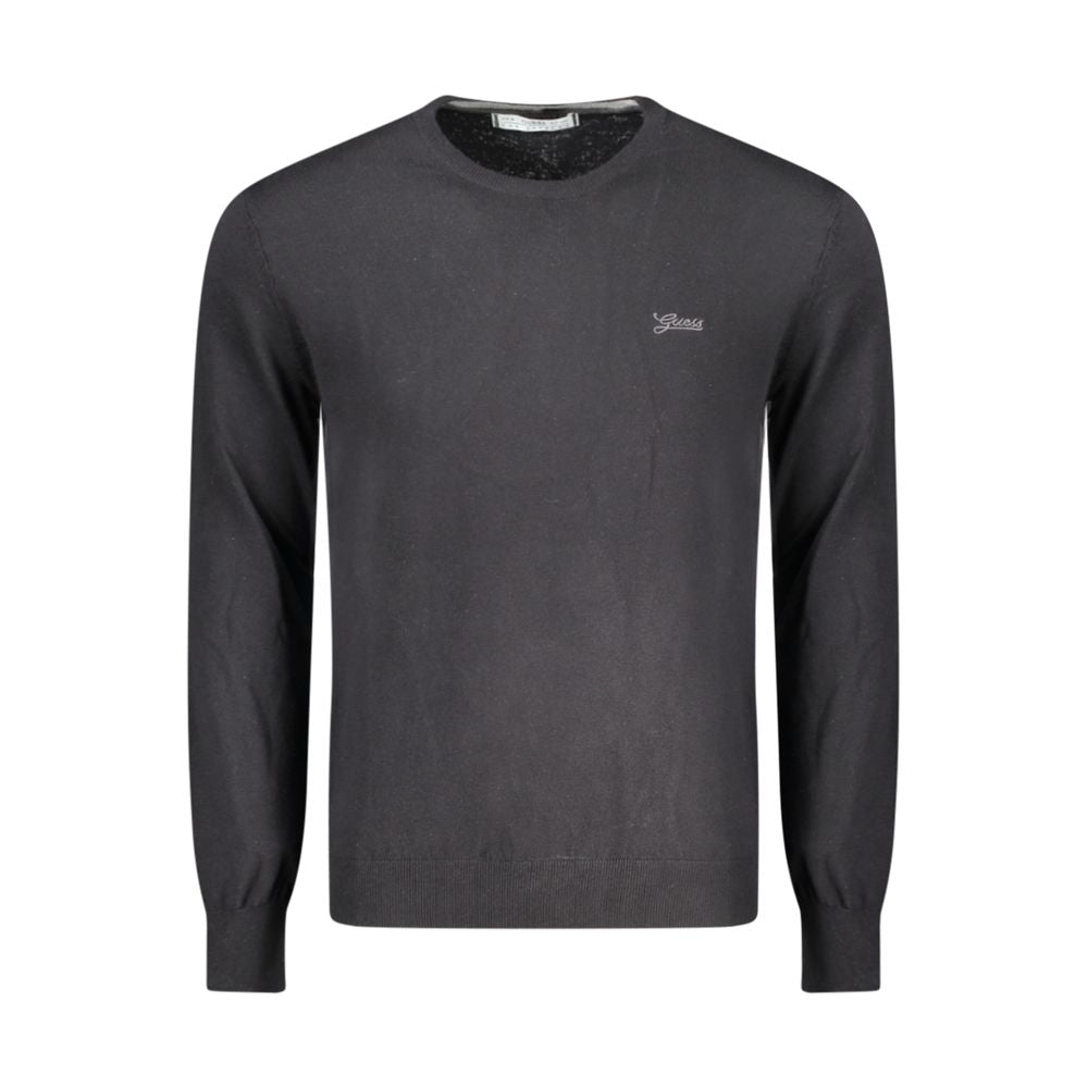 Guess Jeans Black Cotton Men Sweater with embroidered logo, long sleeves, crew neck, ideal for stylish wardrobe upgrade.