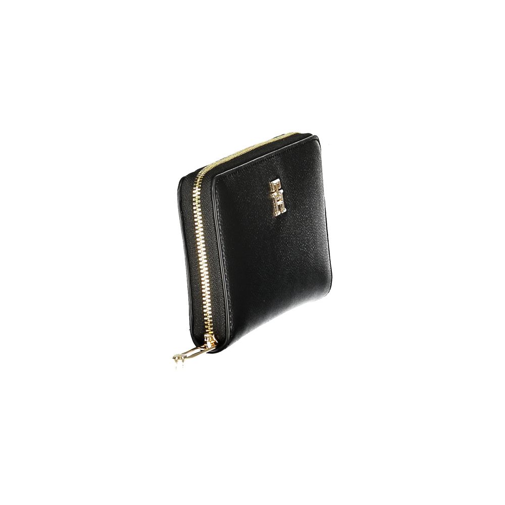 Tommy Hilfiger Black Polyethylene Women Wallet with zip closure and iconic logo design for stylish organization.