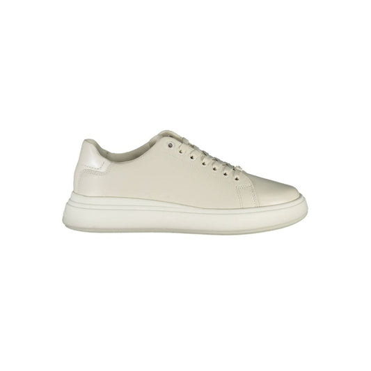 Calvin Klein Beige Leather Women Sneaker with contrasting details and logo, blending polyester and leather for stylish comfort.