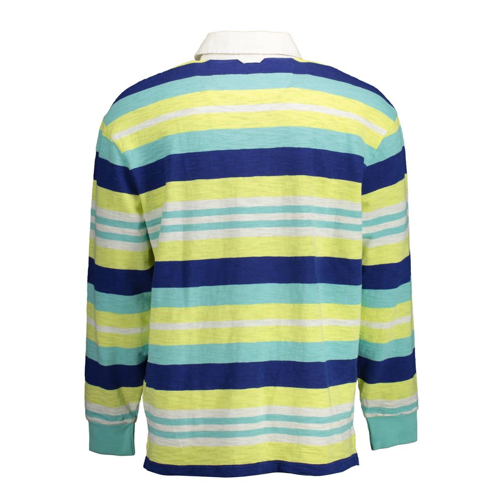 Colorful striped long sleeve polo shirt with green, blue, and yellow stripes.