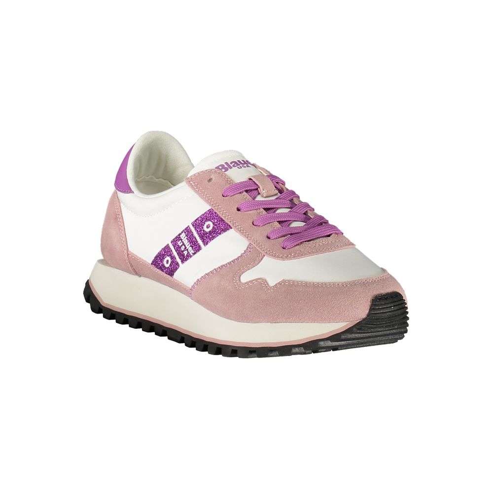 Blauer White Leather Women Sneaker with purple accents, sports luxe design, durable and comfortable blend of polyester, leather, and polyethylene.