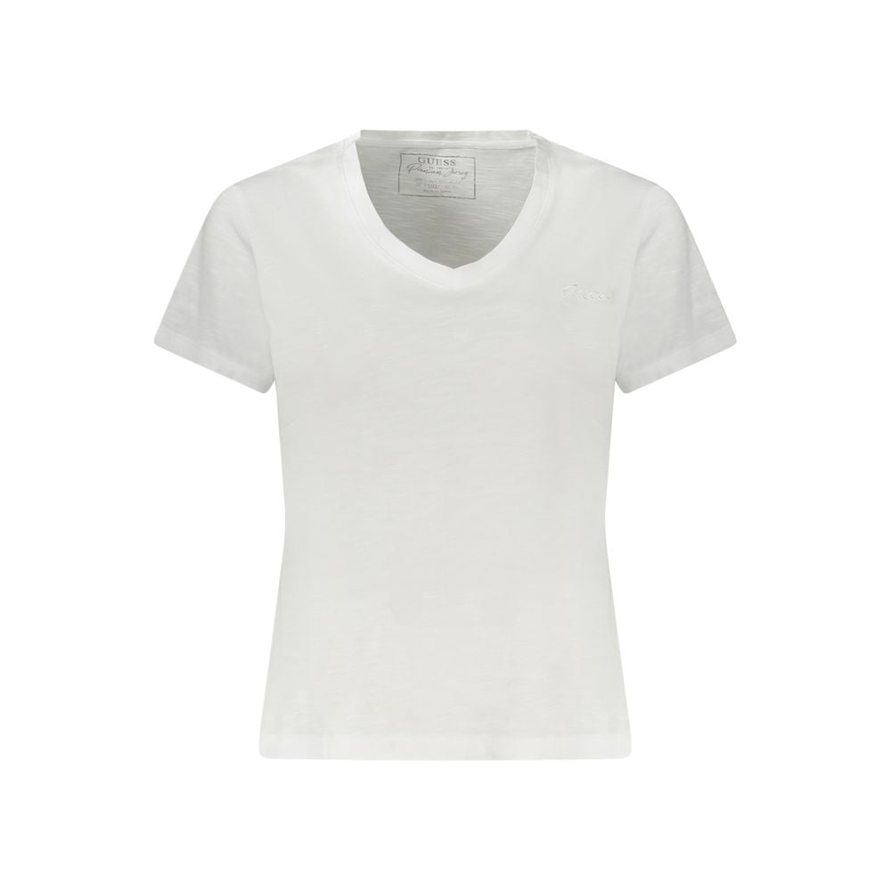 Guess Jeans White Cotton Women T-Shirt with V-neck and delicate embroidery, perfect for casual sophistication and everyday luxury style.
