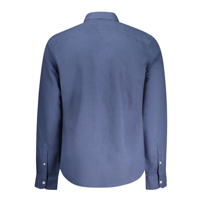 Alt Tag: Back view of Timberland Blue Cotton Shirt, long-sleeved, slim fit, button down collar with embroidery and logo.