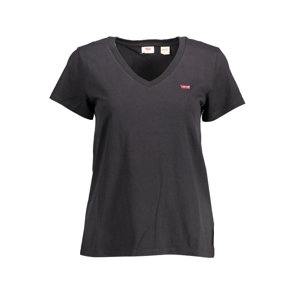 Levi's Black Cotton Women T-Shirt with V-neck and short sleeves, made from 100% organic cotton, featuring iconic Levi's logo for chic style.