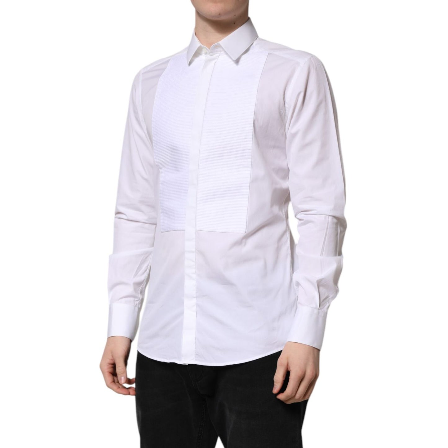 Dolce & Gabbana White GOLD Cotton Bib Dress Formal Shirt