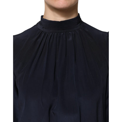 Dolce & Gabbana Blue Silk Mock Neck Long Sleeves Blouse Top