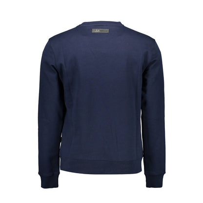 Back view of Plein Sport Blue Cotton Men Sweater, featuring long sleeves and luxury detailing in blue cotton and polyester blend.