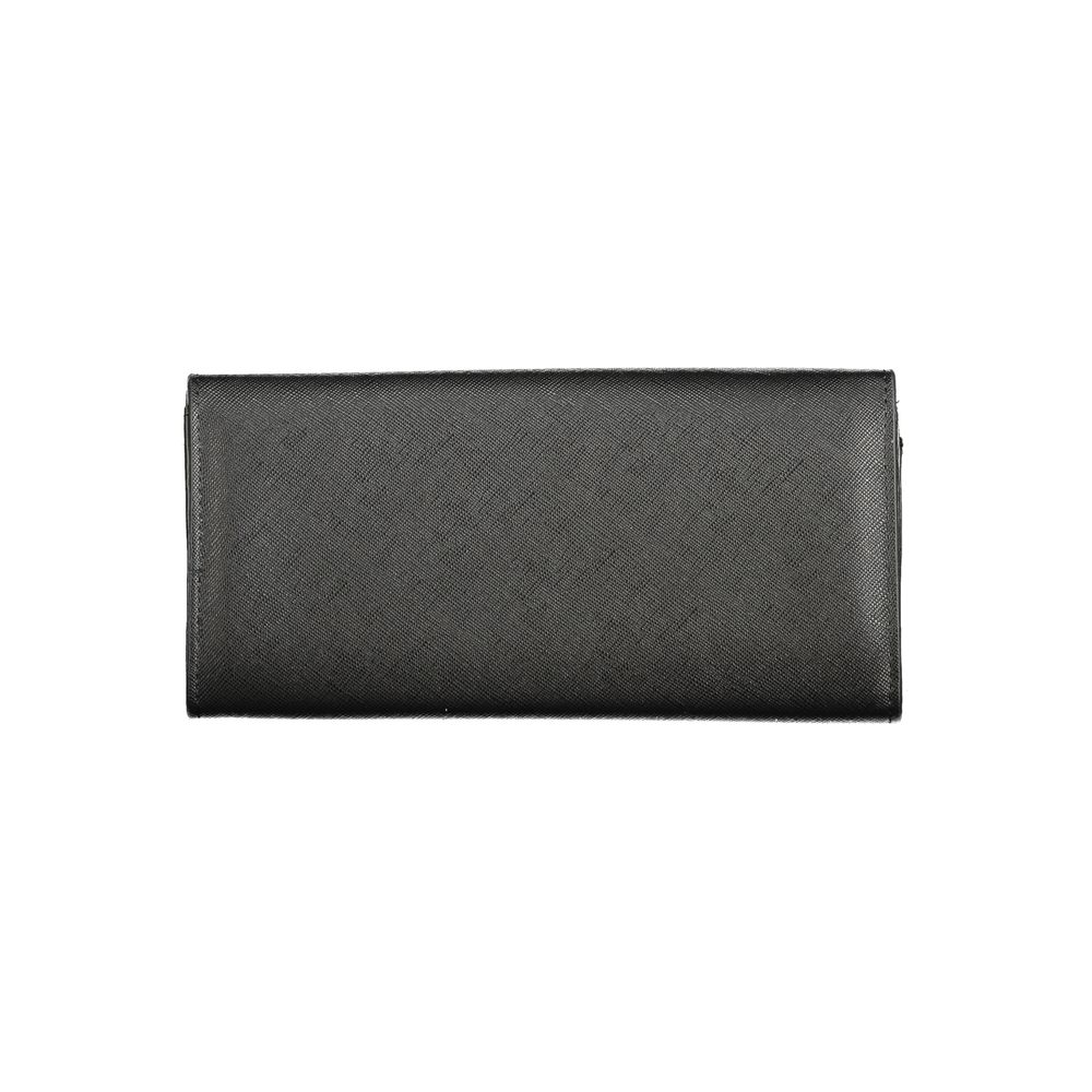 Mario Valentino Black Polyethylene Wallet with 3 compartments, coin purse, card slots, zip and automatic closure, logo shown.