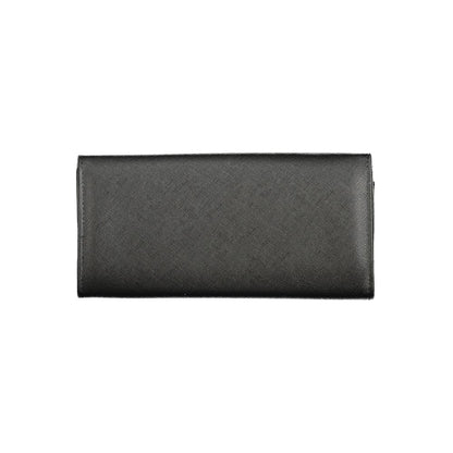 Mario Valentino Black Polyethylene Wallet with 3 compartments, coin purse, card slots, zip and automatic closure, logo shown.