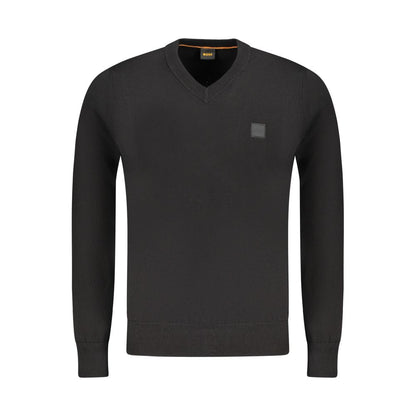 Hugo Boss Black Cotton Sweater - Long Sleeved V-Neck with Applique Logo