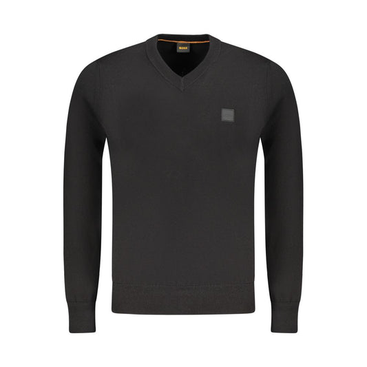 Hugo Boss Black Cotton Sweater - Long Sleeved V-Neck with Applique Logo