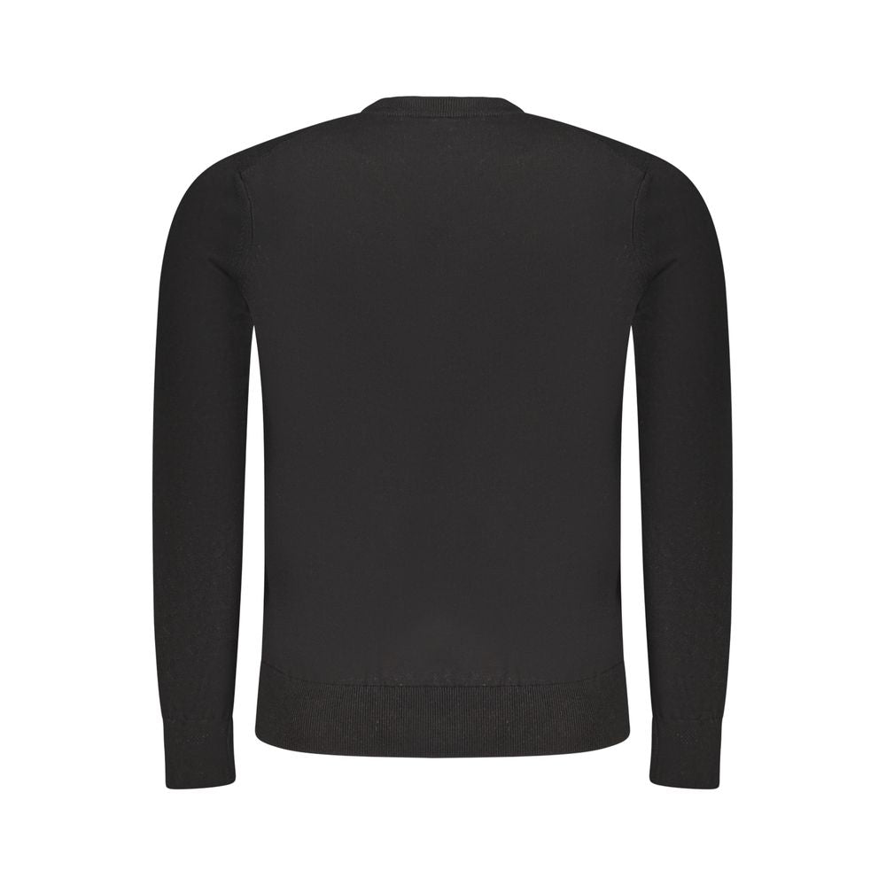 Back view of Hugo Boss Black Cotton Sweater, long sleeves, V-neck, featuring logo applique for a stylish look.