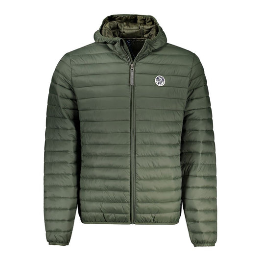 Alt Tag: North Sails Green Polyamide Men Jacket with hood and logo, lightweight and insulating, front zip and multiple pockets for style and function.