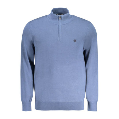 Timberland Blue Cotton Men Sweater with half-zip design, made from organic cotton, with sleek brand logo, ideal for stylish, eco-conscious wearers.