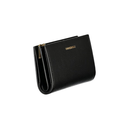 Coccinelle Black Leather Women Wallet with sleek design and metallic logo, featuring dual compartments and secure coin purse.
