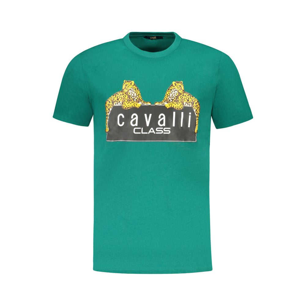 Cavalli Class Green Cotton Men T-Shirt with bold print and logo, showcasing premium style and comfort
