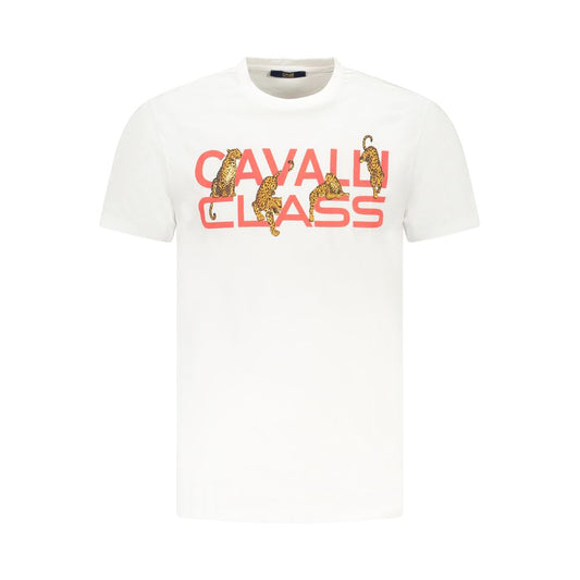 Cavalli Class White Cotton Men T-Shirt with iconic logo and leopard print design, ideal for fashion-forward trendsetters.