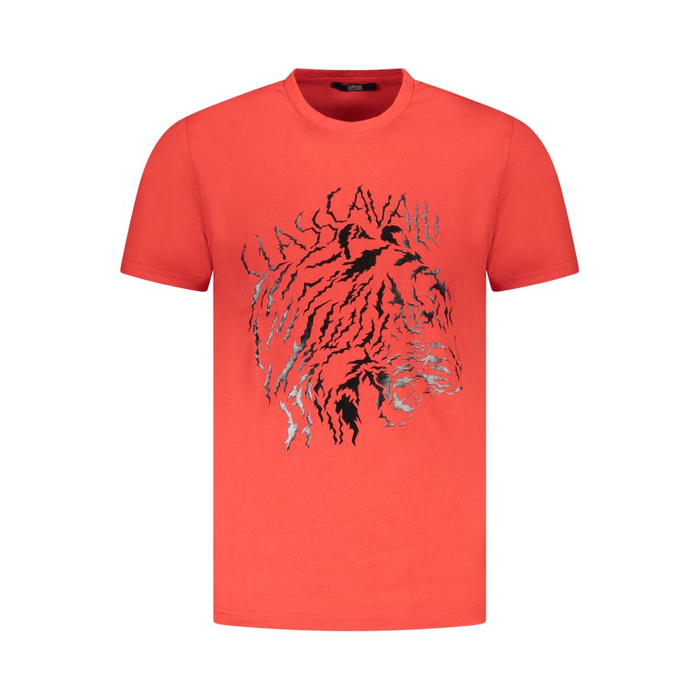 Cavalli Class Red Cotton Men T-Shirt with bold logo and detailed print, stylish short-sleeved crew-neck design for high fashion.