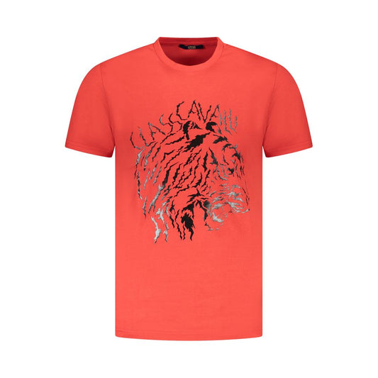 Cavalli Class Red Cotton Men T-Shirt with bold logo and detailed print, stylish short-sleeved crew-neck design for high fashion.