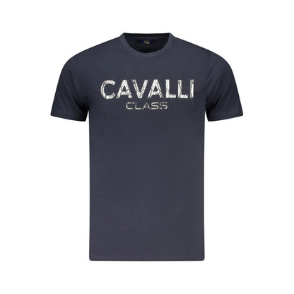 Cavalli Class Blue Cotton Men T-Shirt with bold logo and crew neck design for modern luxury fashion.