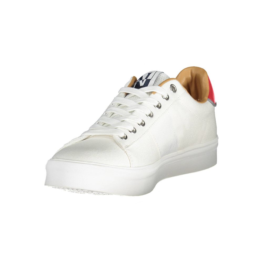 Napapijri White Polyester Men Sneaker with laces and logo, showcasing contrast details, made of polyester from CN, stylish footwear.