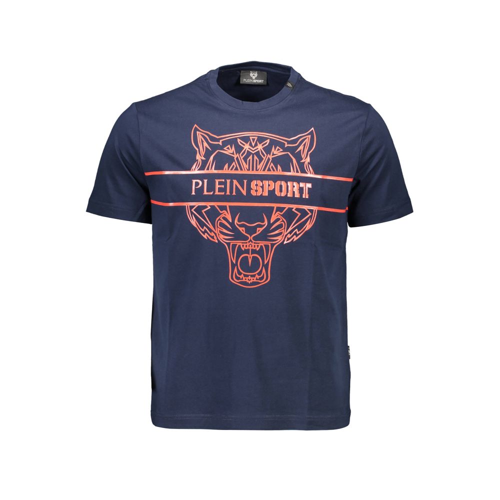 Plein Sport Blue Cotton Men T-Shirt with bold logo and contrasting details for stylish athletic look.
