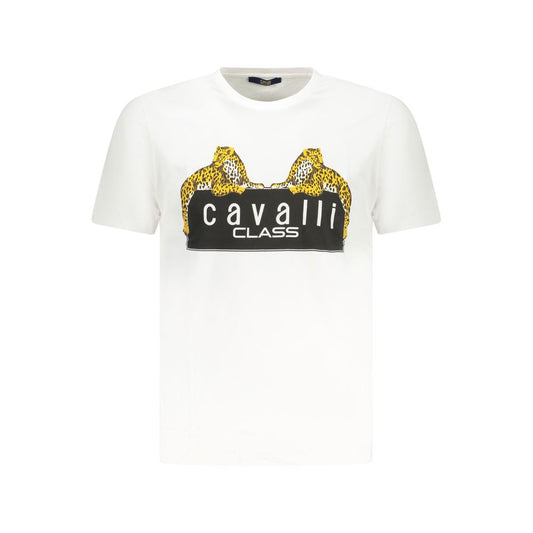 Cavalli Class White Cotton T-Shirt with short sleeves, crew neck, and logo print