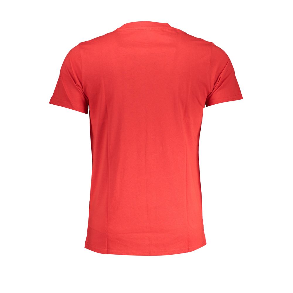 Cavalli Class Red Cotton T-Shirt featuring short sleeves, crew neck, print, and logo on back view.