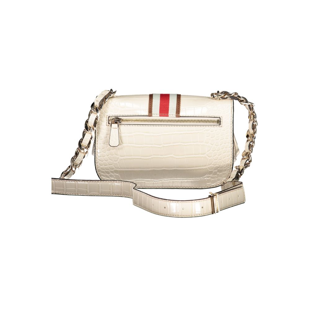 Guess Jeans Beige Polyethylene Handbag with chain strap, external pocket, and snap closure, featuring a logo and contrast details.