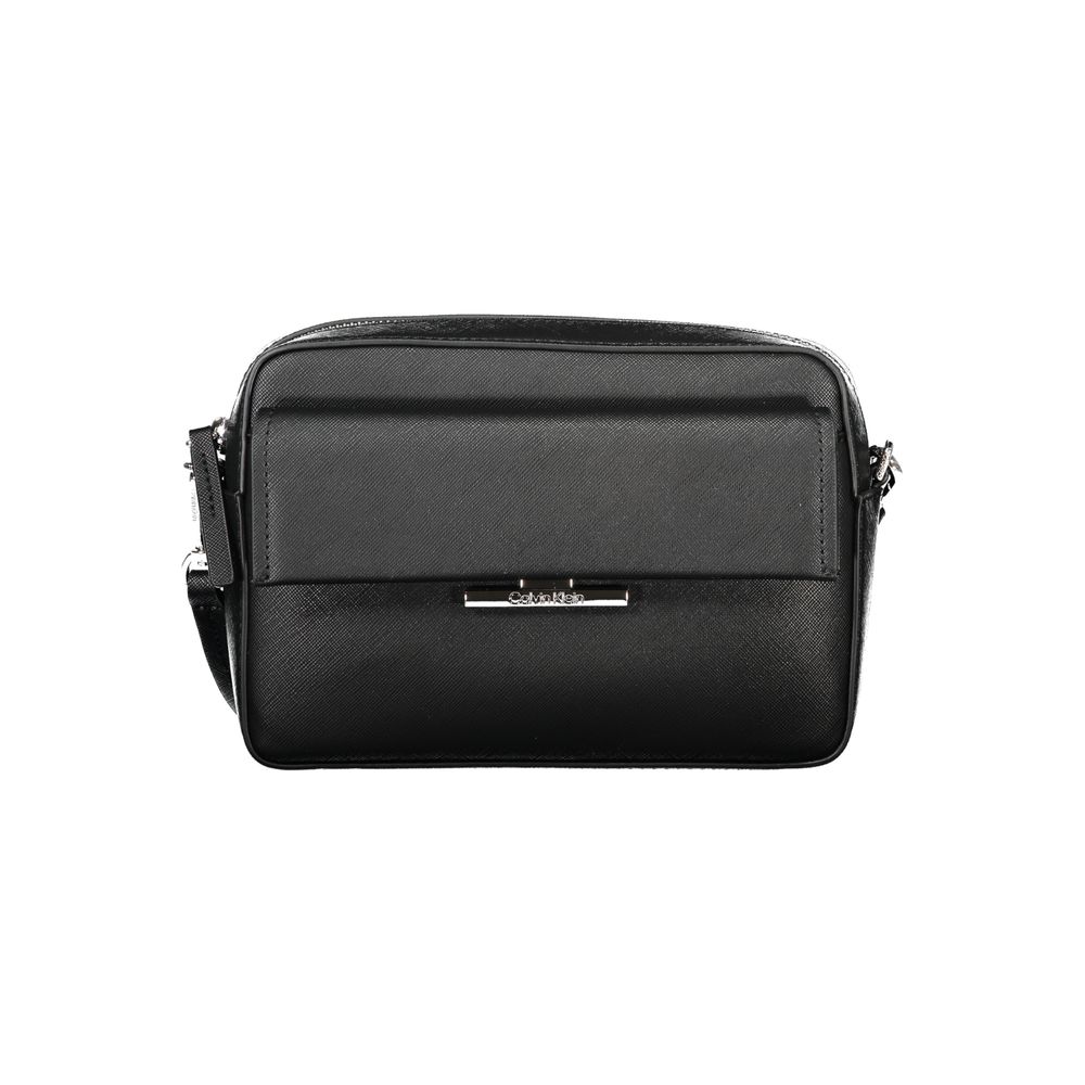 Calvin Klein Black Polyethylene Women Handbag with adjustable strap, snap closure, and external pocket for stylish organization.