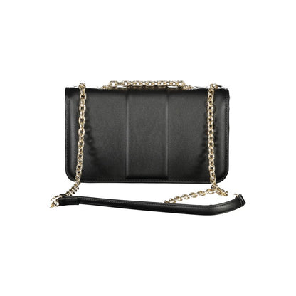 Mario Valentino Black Polyethylene Women Handbag with chain shoulder strap and snap closure, elegant and sophisticated design.