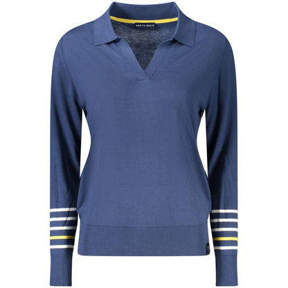 North Sails Blue Cotton Women Sweater, V-neck long-sleeved top with stripe details and logo, perfect for casual elegance.