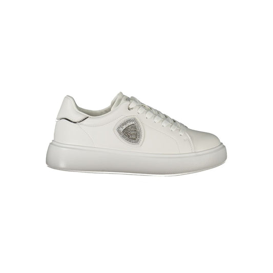 Blauer White Leather Women Sneaker with silver rhinestone detail and removable insole, showcasing urban chic and sporty allure.