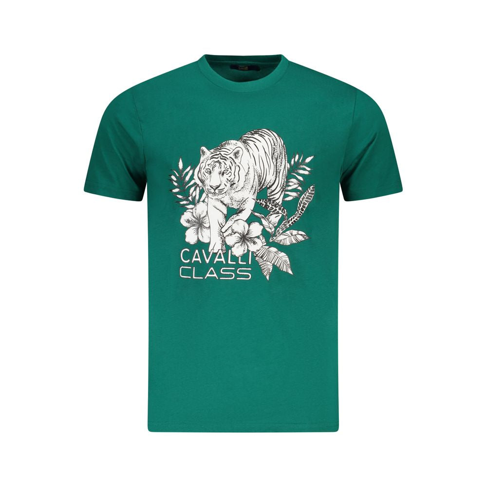 Cavalli Class Green Cotton Men T-Shirt with tiger and floral design, showcasing premium fashion-forward style.