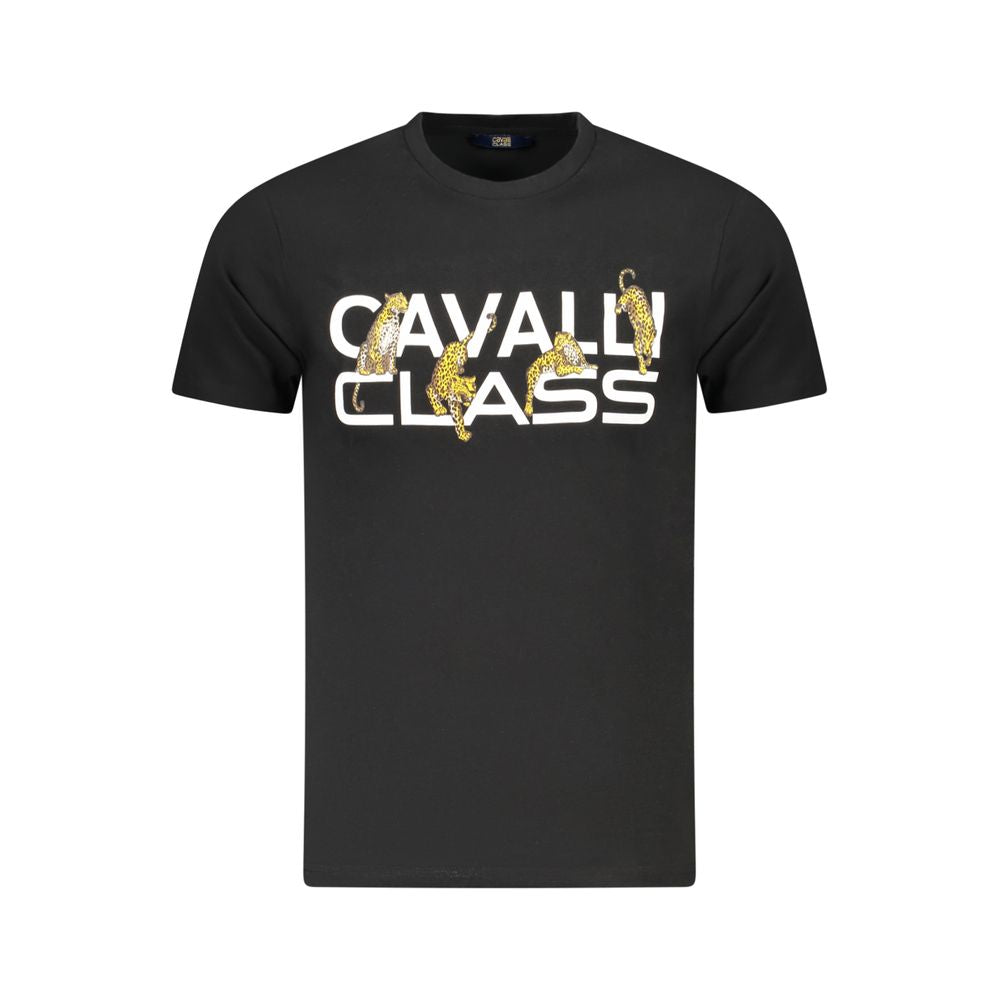 Cavalli Class Black Cotton Men T-Shirt with bold logo print, short sleeves, and crew neck. Made in Bangladesh, luxury cotton style.