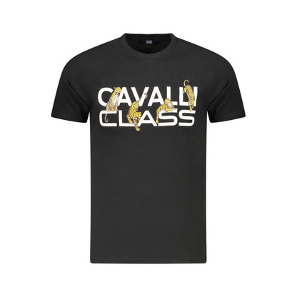 Cavalli Class Black Cotton Men T-Shirt with bold logo print, short sleeves, and crew neck. Made in Bangladesh, luxury cotton style.
