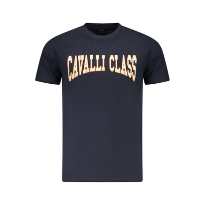 Cavalli Class Blue Cotton Men T-Shirt with short sleeves and crew neck featuring brand logo and print