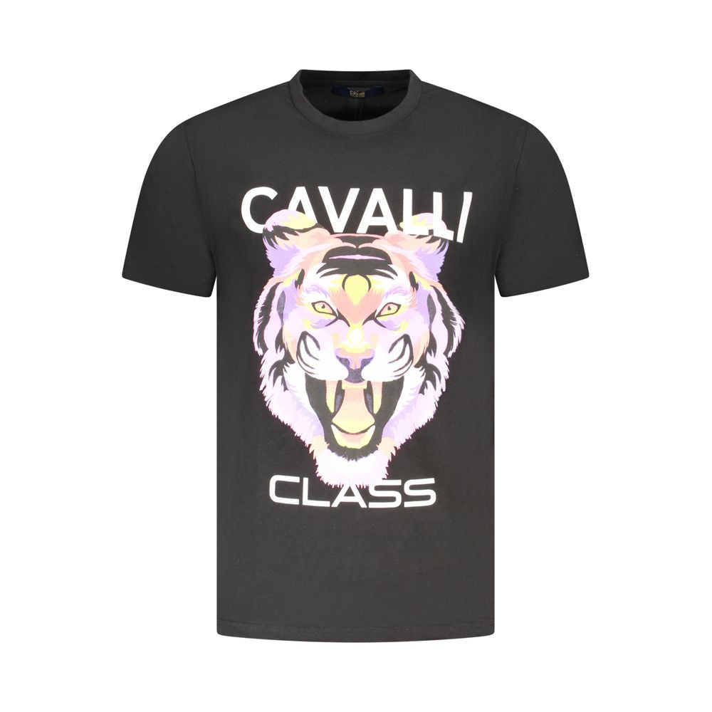 Cavalli Class Black Cotton Men T-Shirt with bold tiger print and logo, showcasing high-end fashion on soft black fabric.