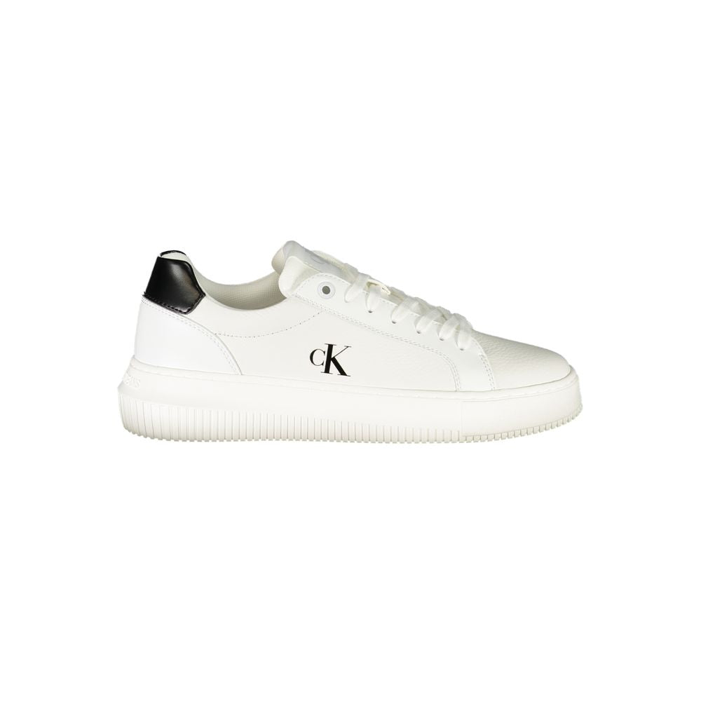 Calvin Klein White Leather Women Sneaker with black details, featuring logo, lace-up design, and removable footbed for style and comfort.