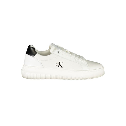 Calvin Klein White Leather Women Sneaker with black details, featuring logo, lace-up design, and removable footbed for style and comfort.
