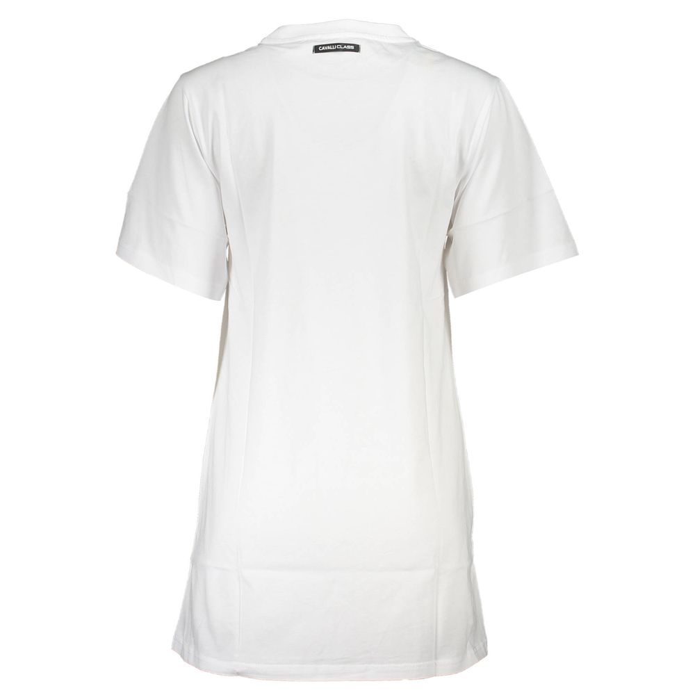 Cavalli Class White Cotton Women Dress, back view, showcasing Italian sophistication, short sleeves, chic round neck, iconic logo detail