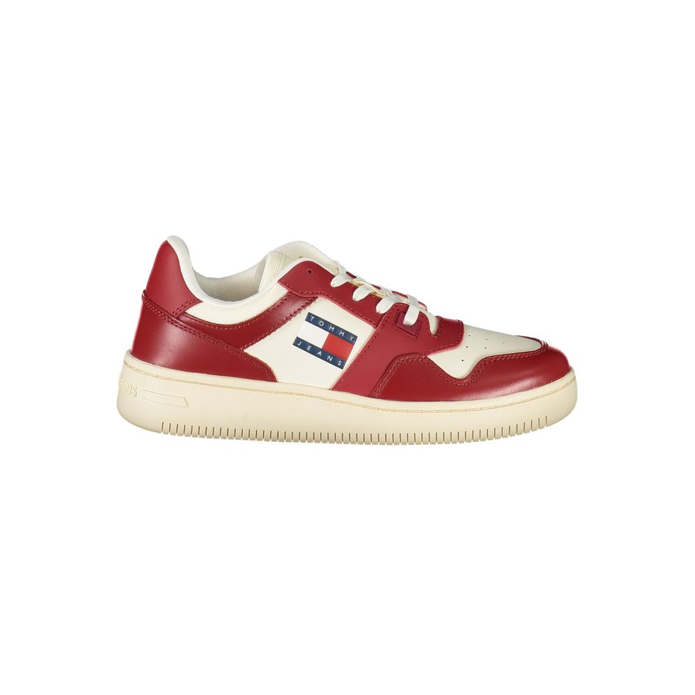 Tommy Hilfiger Red Leather Women Sneaker with white accents, lace-up design, and logo detail.