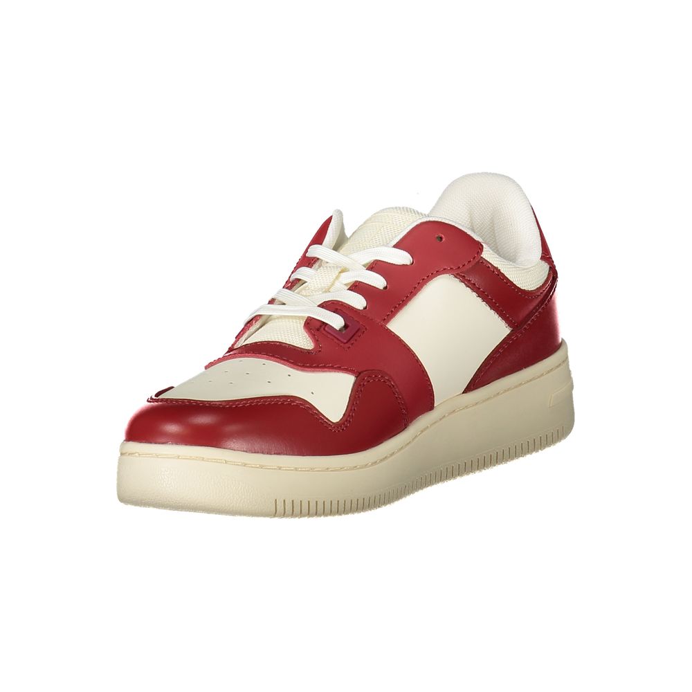 Tommy Hilfiger Red Leather Women Sneaker with contrasting accents and lace-up design, showcasing style and comfort for fashion-forward individuals.