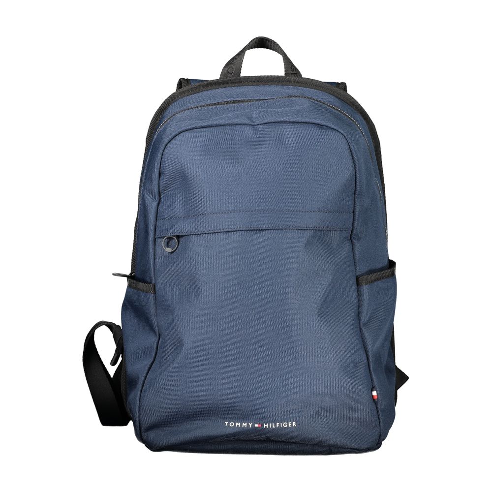 Tommy Hilfiger Blue Polyester Backpack with adjustable straps, external pockets, internal laptop compartment, and logo; made of 95% recycled polyester.