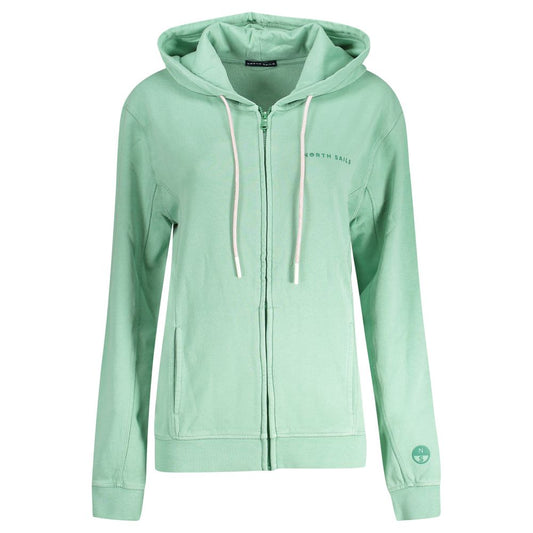 North Sails Green Cotton Women Sweater with hood and zip, featuring logo and pockets, perfect for casual style and comfort.