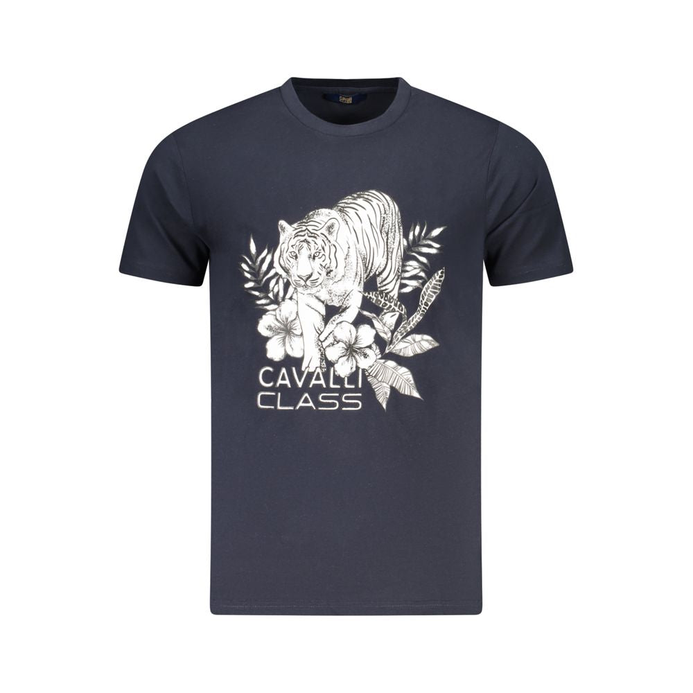 Cavalli Class Blue Cotton Men T-Shirt with tiger print and logo, short sleeve crew neck