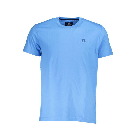 La Martina Blue Cotton Men T-Shirt with crew neck and logo embroidery, featuring short sleeves and regular fit design.