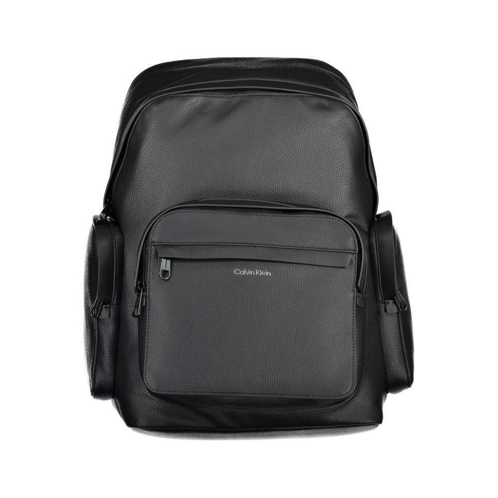 Calvin Klein Black Polyester Backpack with adjustable straps, external pockets, laptop compartment, and logo detailing.