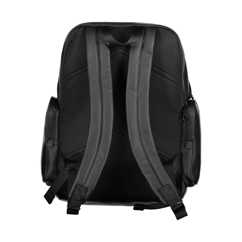 Calvin Klein Black Polyester Backpack with adjustable straps, back view showing external side pockets.