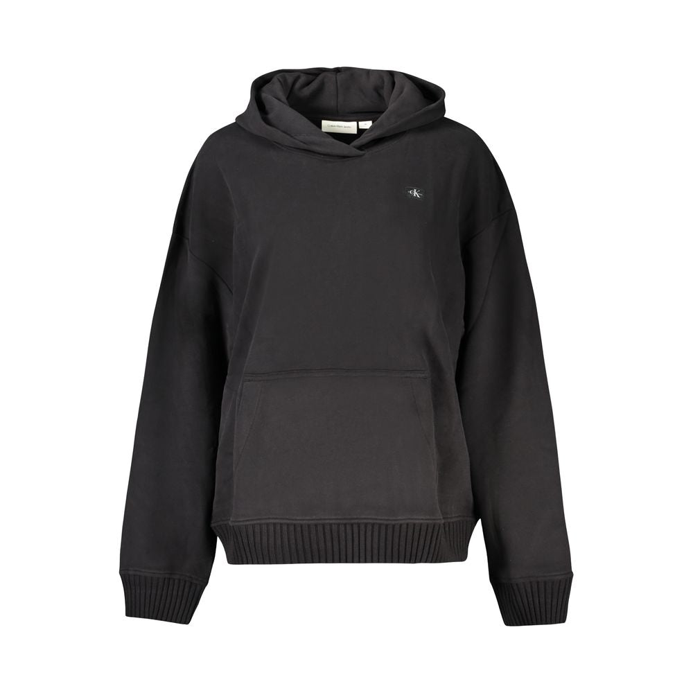 Calvin Klein Black Cotton Women Sweater with hood and central pocket, showcasing a sleek design and iconic logo applique for stylish comfort.